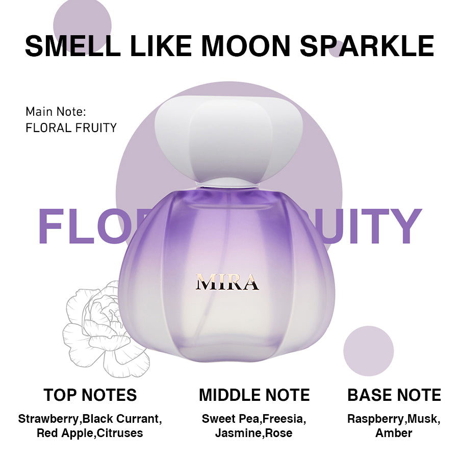 Floral fruity perfume notes including strawberry, freesia, rose and musk
