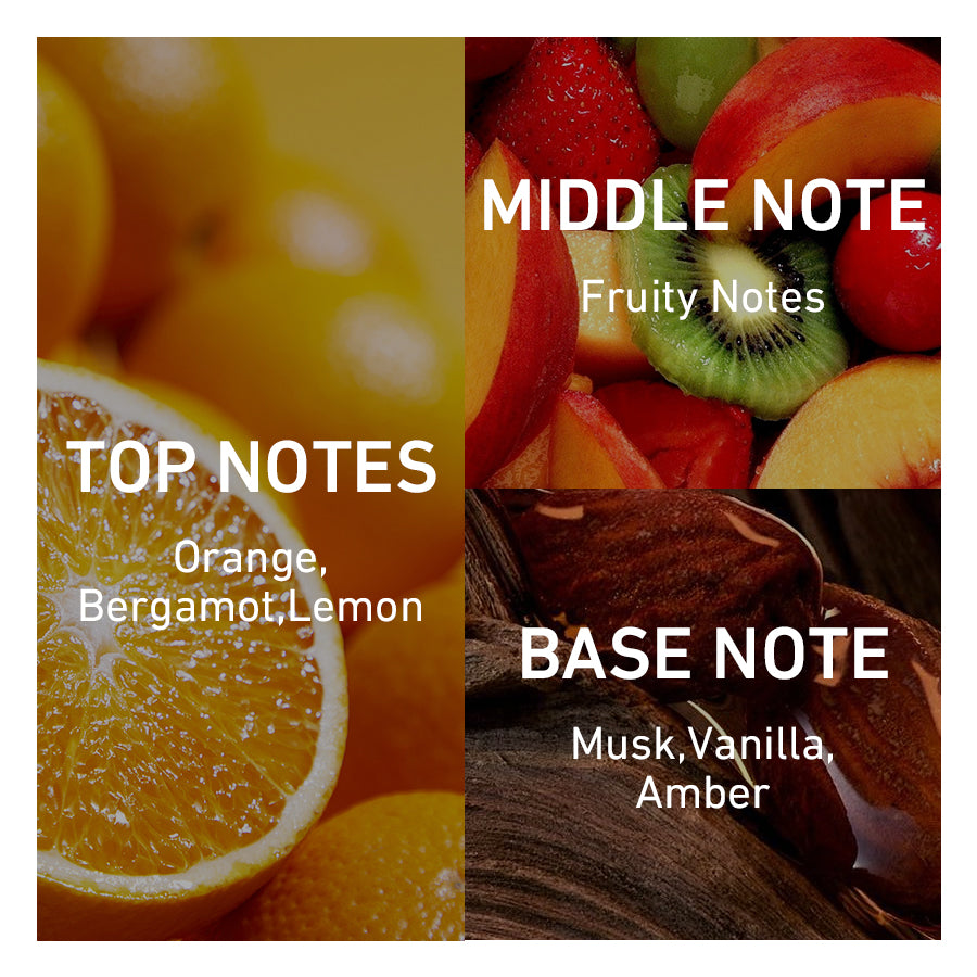Fruity perfume notes including citrus, vanilla and musk, sweet and fresh scent