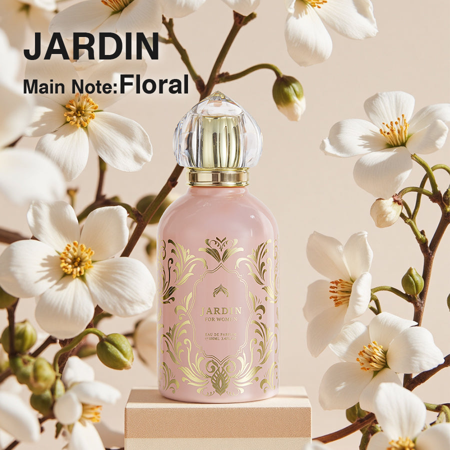Luxury floral perfume with clean aesthetic, soft and elegant scent