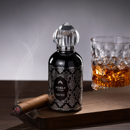 Luxury oud perfume in dark wood setting, rich and warm oriental fragrance