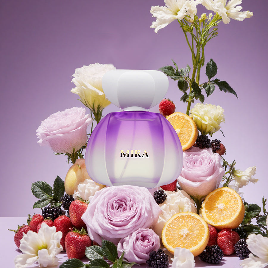 Floral fruity perfume with strawberry and flowers, sweet and fresh fragrance