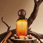 Warm gourmand perfume with woody and nutty notes, cozy and rich scent