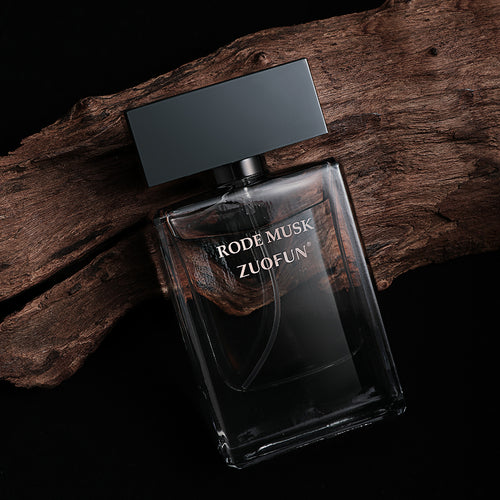 Woody musk perfume in dark luxury setting, warm and sophisticated fragrance