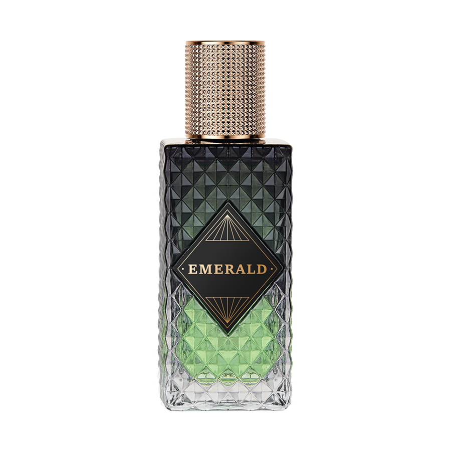 Emerald green woody perfume bottle with pine and leather notes, fresh and masculine fragrance