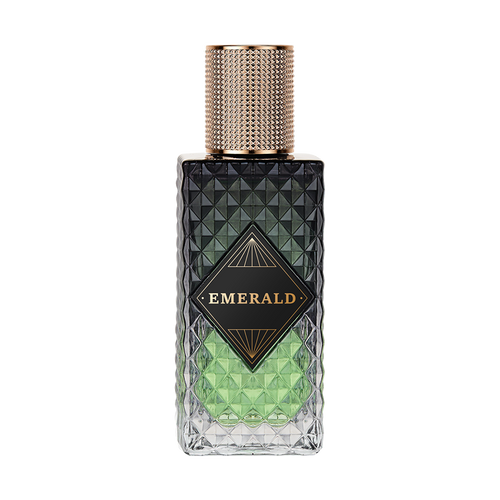 Emerald green woody perfume bottle with pine and leather notes, fresh and masculine fragrance