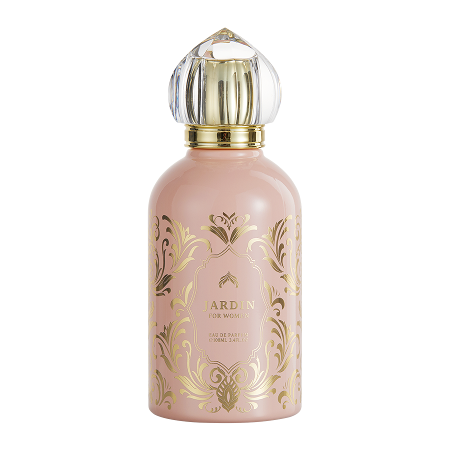 Jardin white floral perfume bottle with jasmine and tuberose notes, soft and elegant fragrance