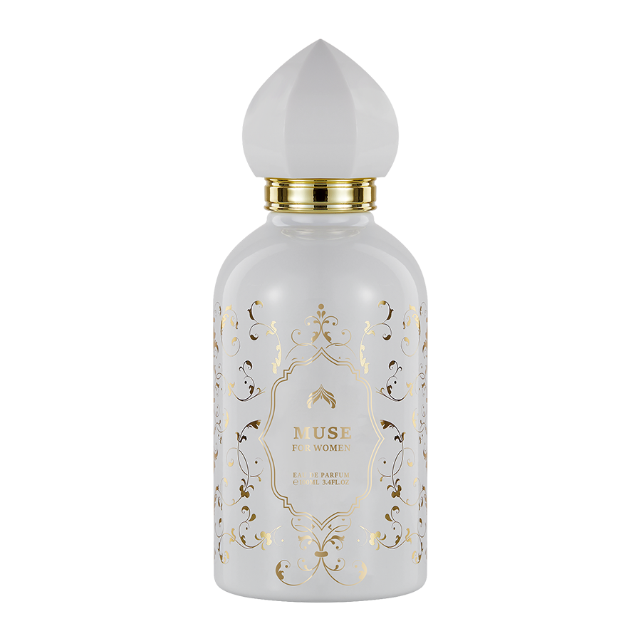Muse floral fruity perfume bottle with peach and jasmine notes, elegant and feminine fragrance