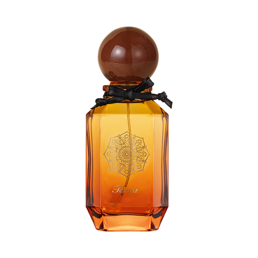 Terra gourmand perfume bottle with vanilla and praline notes, warm and cozy fragrance