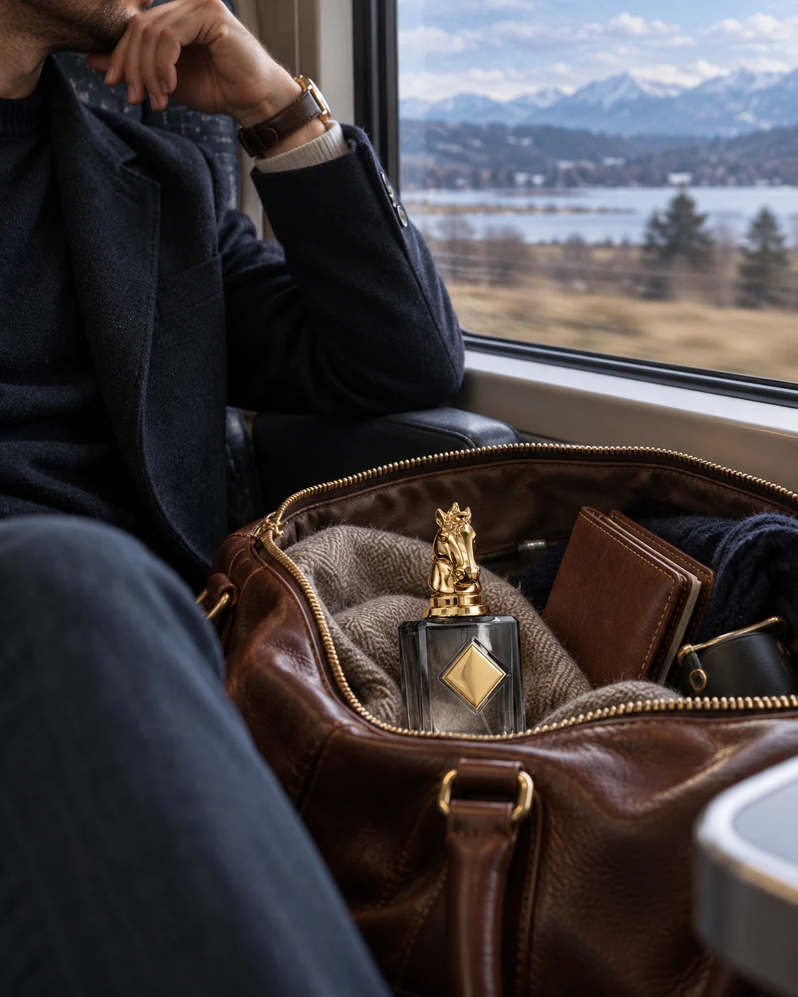 Iron Spirit tucked into a travel bag beside a train window